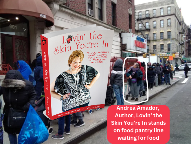 Andrea Amador, author of Lovin' the Skin You're In" stands on food pantry line waiting to get food.
